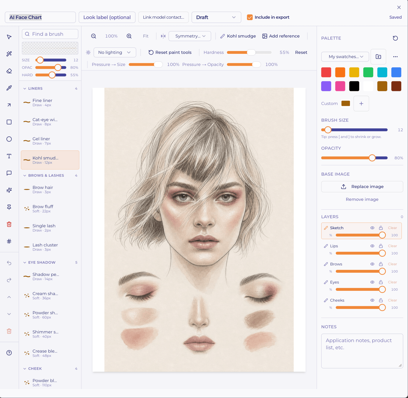 ShootVision MUA workspace: face chart with categorised brush dock, palette, layers and live brush preview